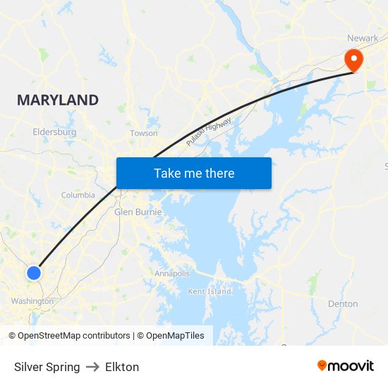 Silver Spring to Elkton map