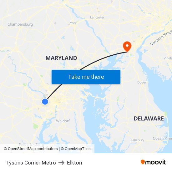 Tysons Corner Metro to Elkton map