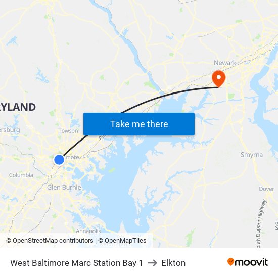 West Baltimore Marc Station Bay 1 to Elkton map