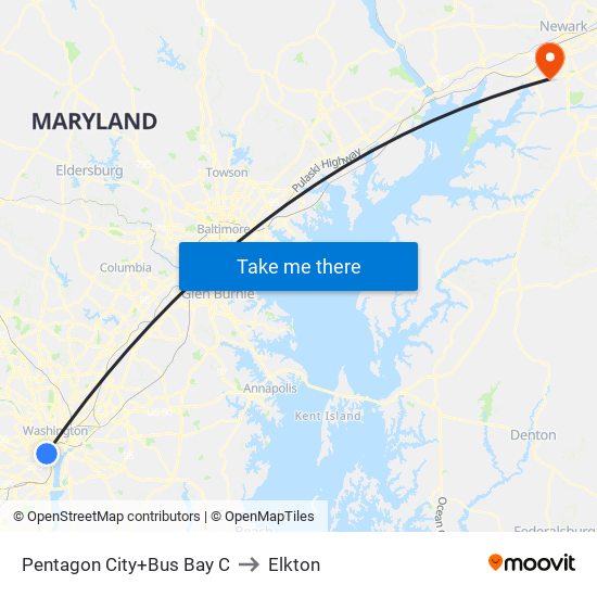 Pentagon City+Bus Bay C to Elkton map