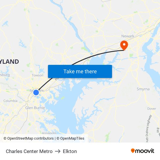 Charles Center Metro to Elkton map