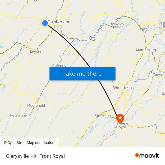 Clarysville to Front Royal map
