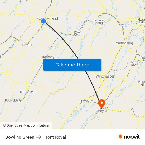 Bowling Green to Front Royal map