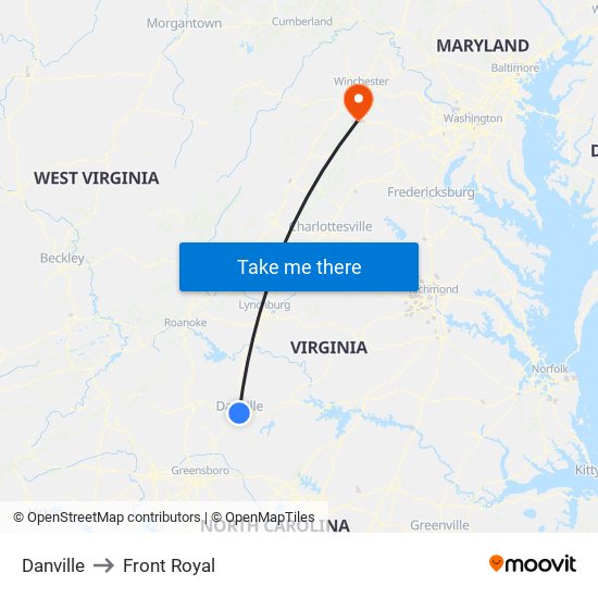 Danville to Front Royal map