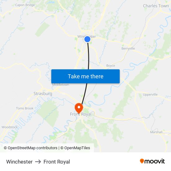 Winchester to Front Royal map