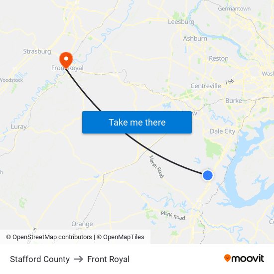 Stafford County to Front Royal map
