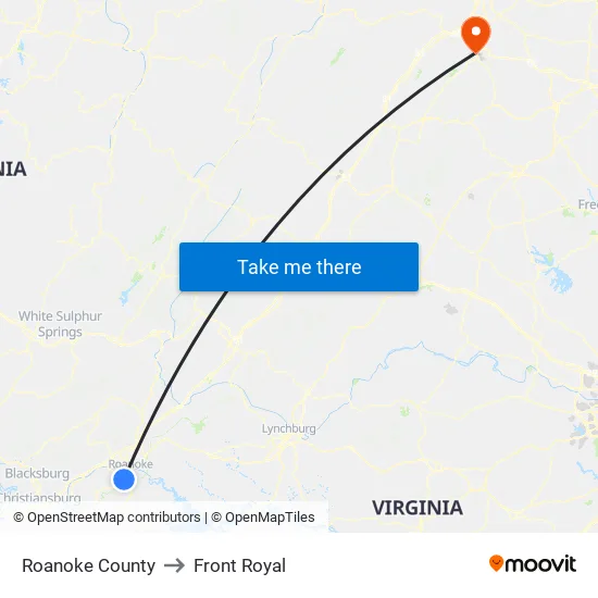 Roanoke County to Front Royal map