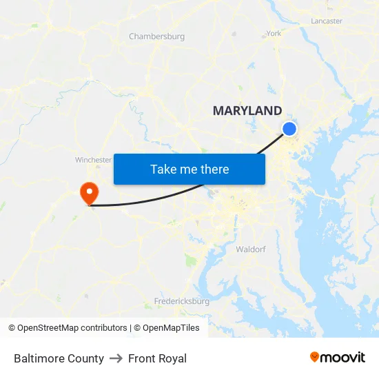 Baltimore County to Front Royal map