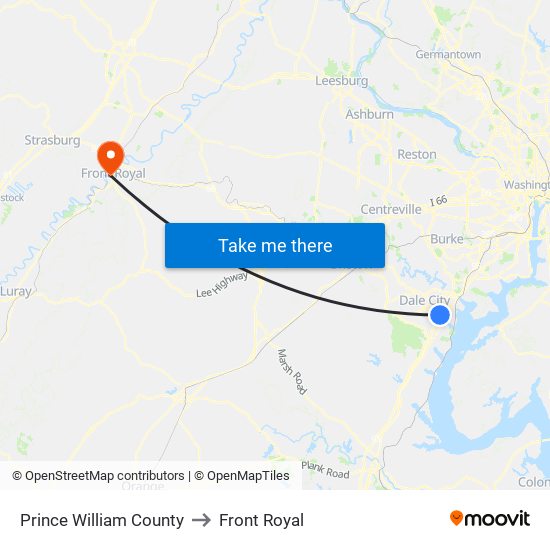 Prince William County to Front Royal map