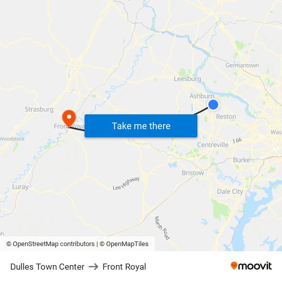 Dulles Town Center to Front Royal map