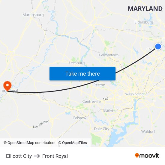 Ellicott City to Front Royal map