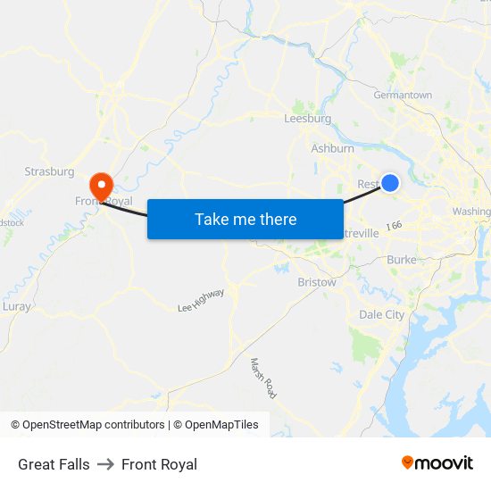 Great Falls to Front Royal map