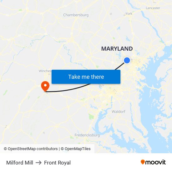 Milford Mill to Front Royal map