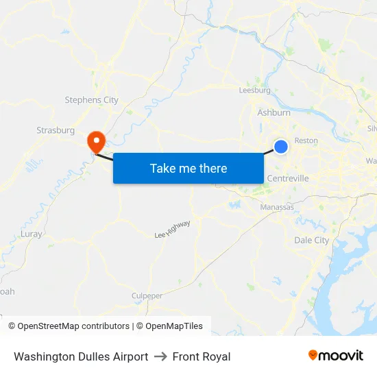 Washington Dulles Airport to Front Royal map