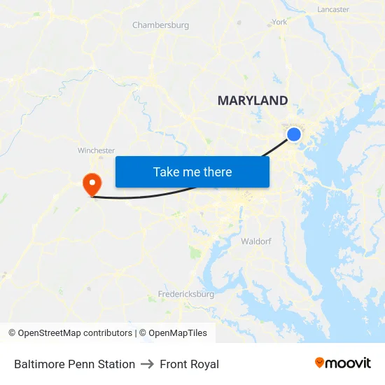 Baltimore Penn Station to Front Royal map