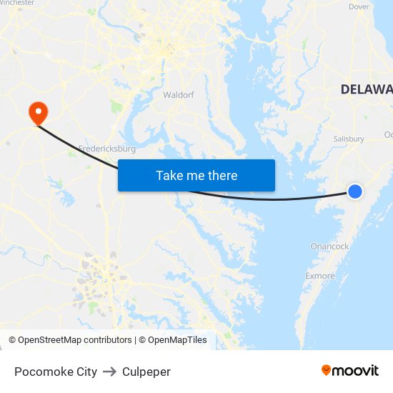 Pocomoke City to Culpeper map