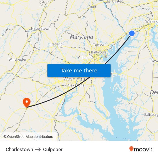 Charlestown to Culpeper map