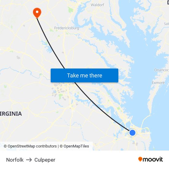 Norfolk to Culpeper map