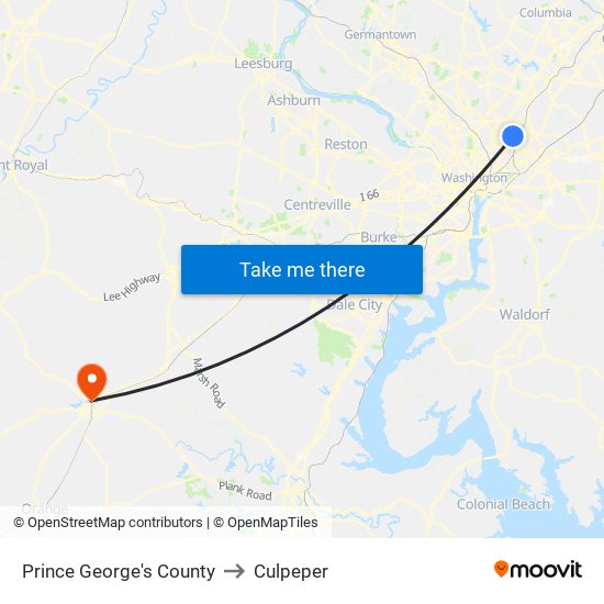 Prince George's County to Culpeper map