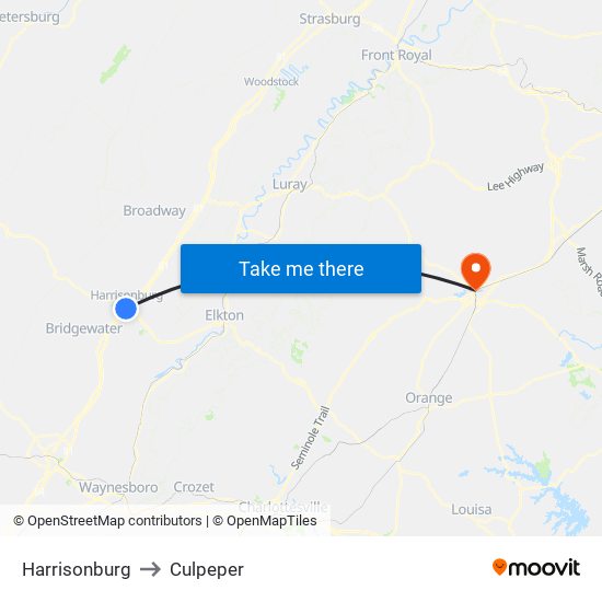 Harrisonburg to Culpeper map