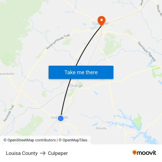 Louisa County to Culpeper map
