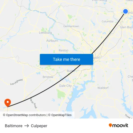 Baltimore to Culpeper map