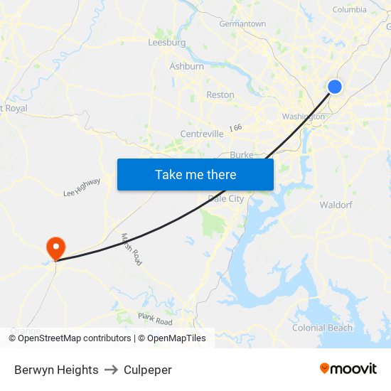 Berwyn Heights to Culpeper map