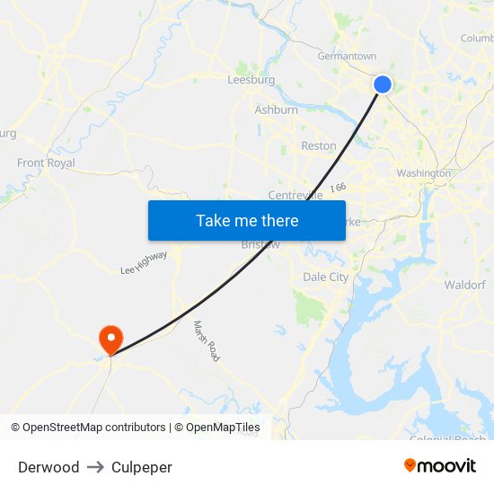 Derwood to Culpeper map