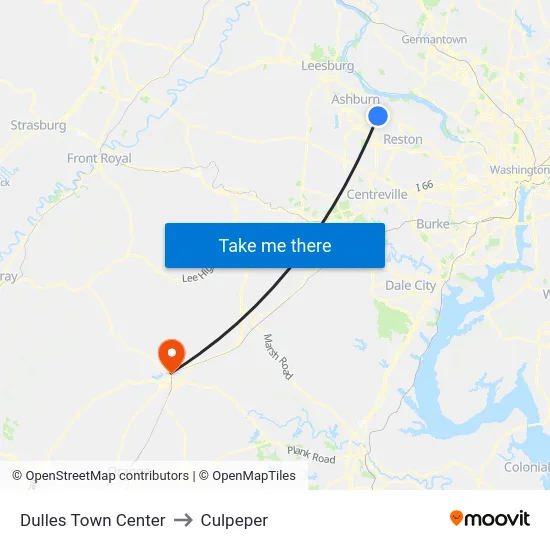 Dulles Town Center to Culpeper map
