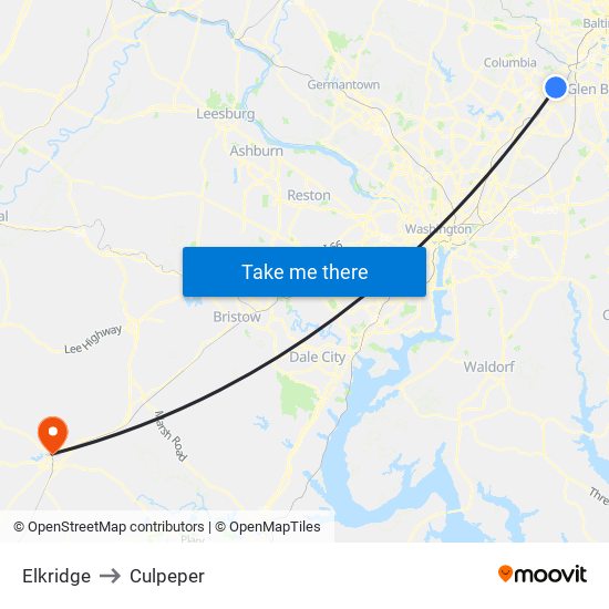 Elkridge to Culpeper map