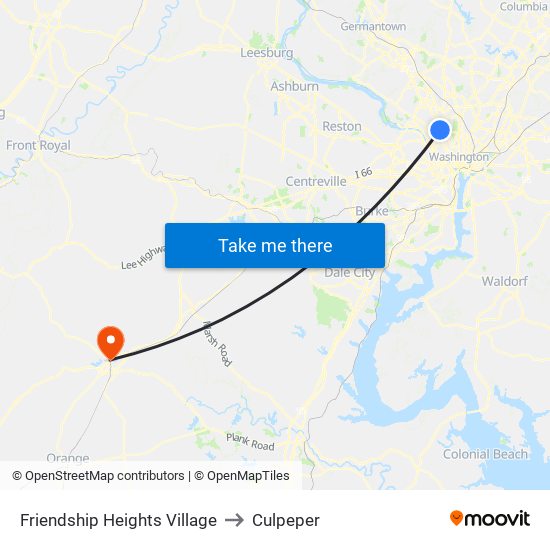 Friendship Heights Village to Culpeper map