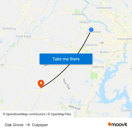 Oak Grove to Culpeper map