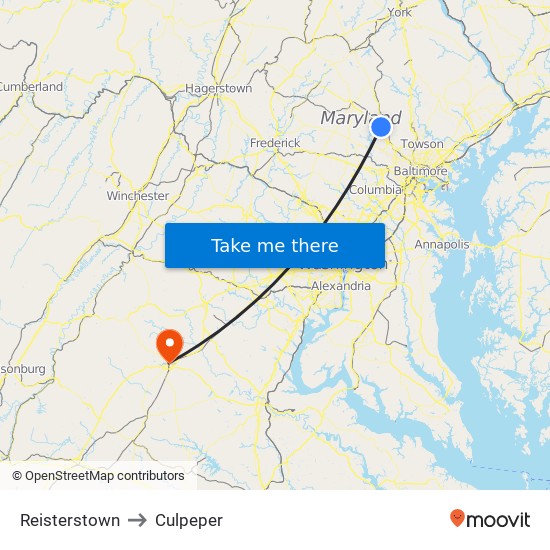 Reisterstown to Culpeper map