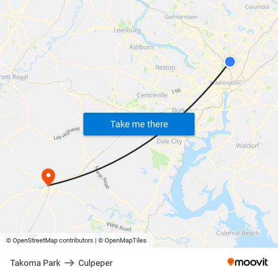 Takoma Park to Culpeper map