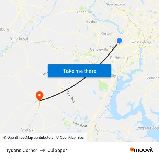 Tysons Corner to Culpeper map