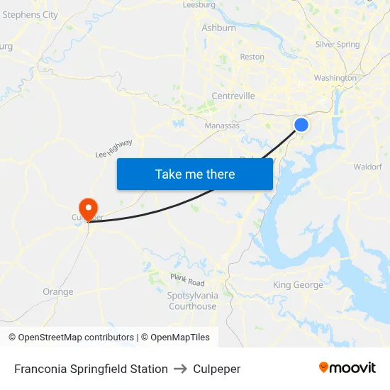 Franconia Springfield Station to Culpeper map