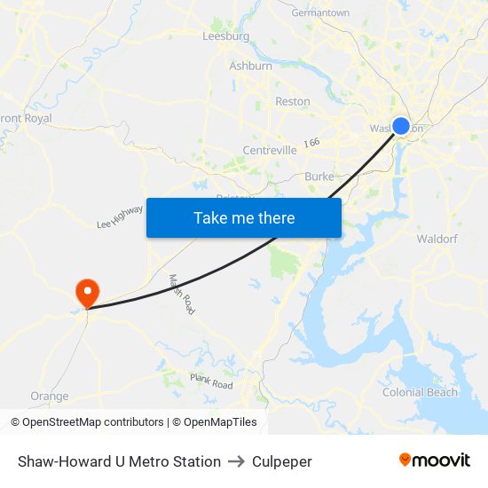 Shaw-Howard U Metro Station to Culpeper map