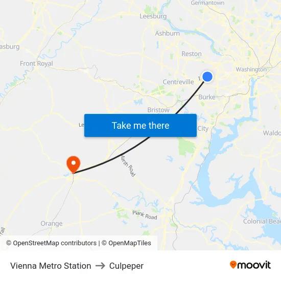 Vienna Metro Station to Culpeper map