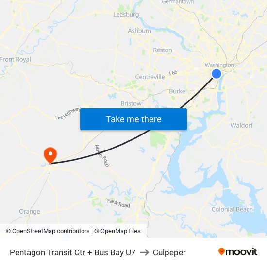 Pentagon Transit Ctr + Bus Bay U7 to Culpeper map