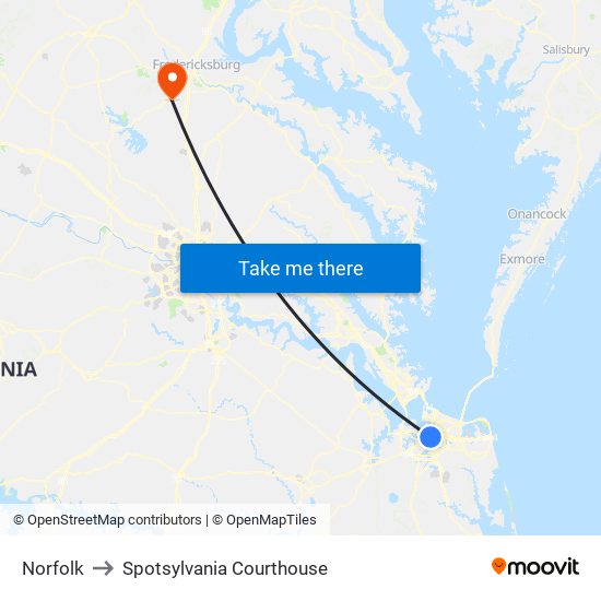 Norfolk to Spotsylvania Courthouse map