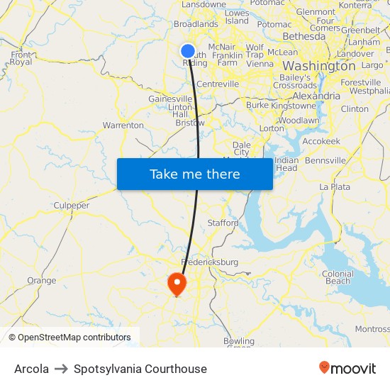 Arcola to Spotsylvania Courthouse map