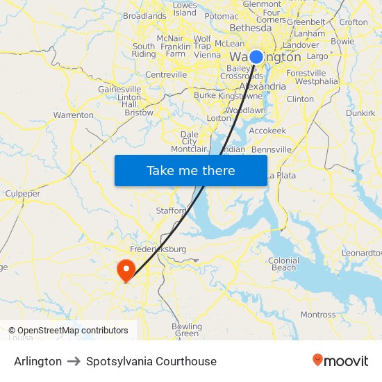 Arlington to Spotsylvania Courthouse map