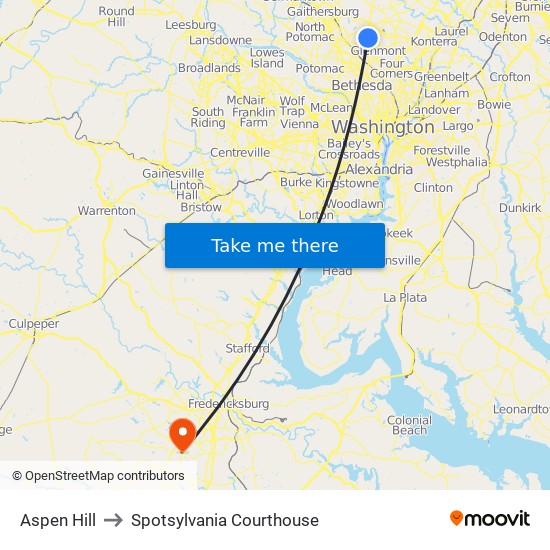 Aspen Hill to Spotsylvania Courthouse map