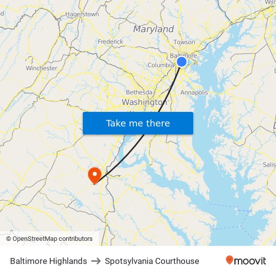 Baltimore Highlands to Spotsylvania Courthouse map