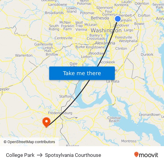 College Park to Spotsylvania Courthouse map