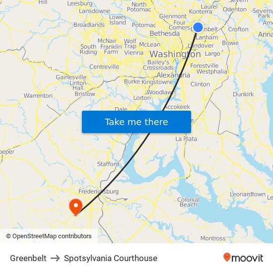 Greenbelt to Spotsylvania Courthouse map