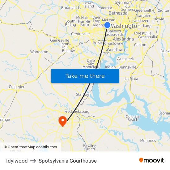 Idylwood to Spotsylvania Courthouse map