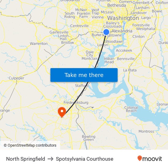 North Springfield to Spotsylvania Courthouse map