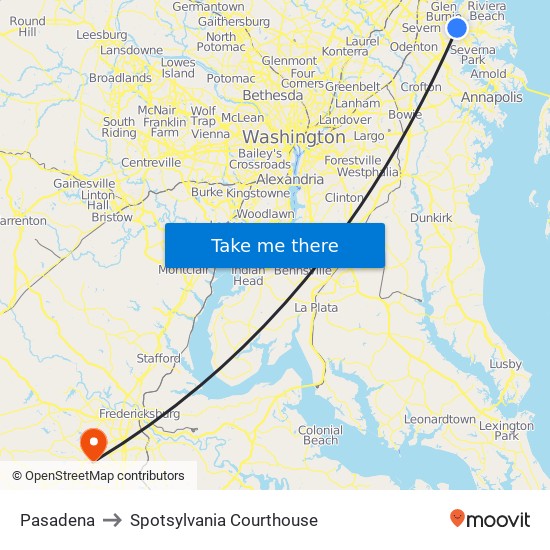 Pasadena to Spotsylvania Courthouse map