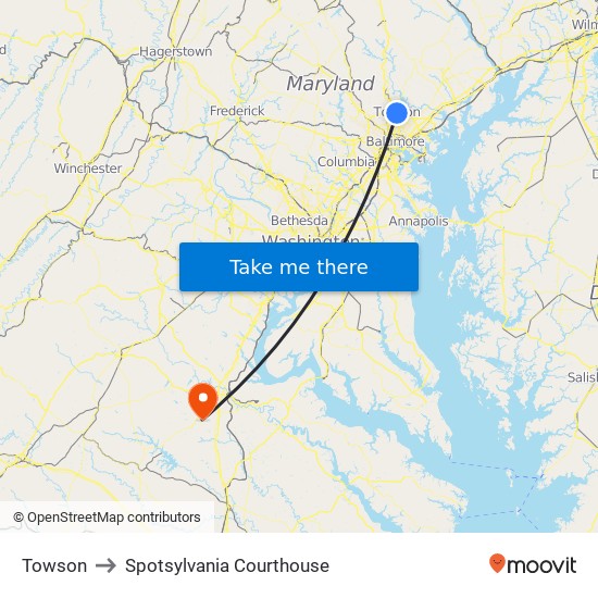 Towson to Spotsylvania Courthouse map